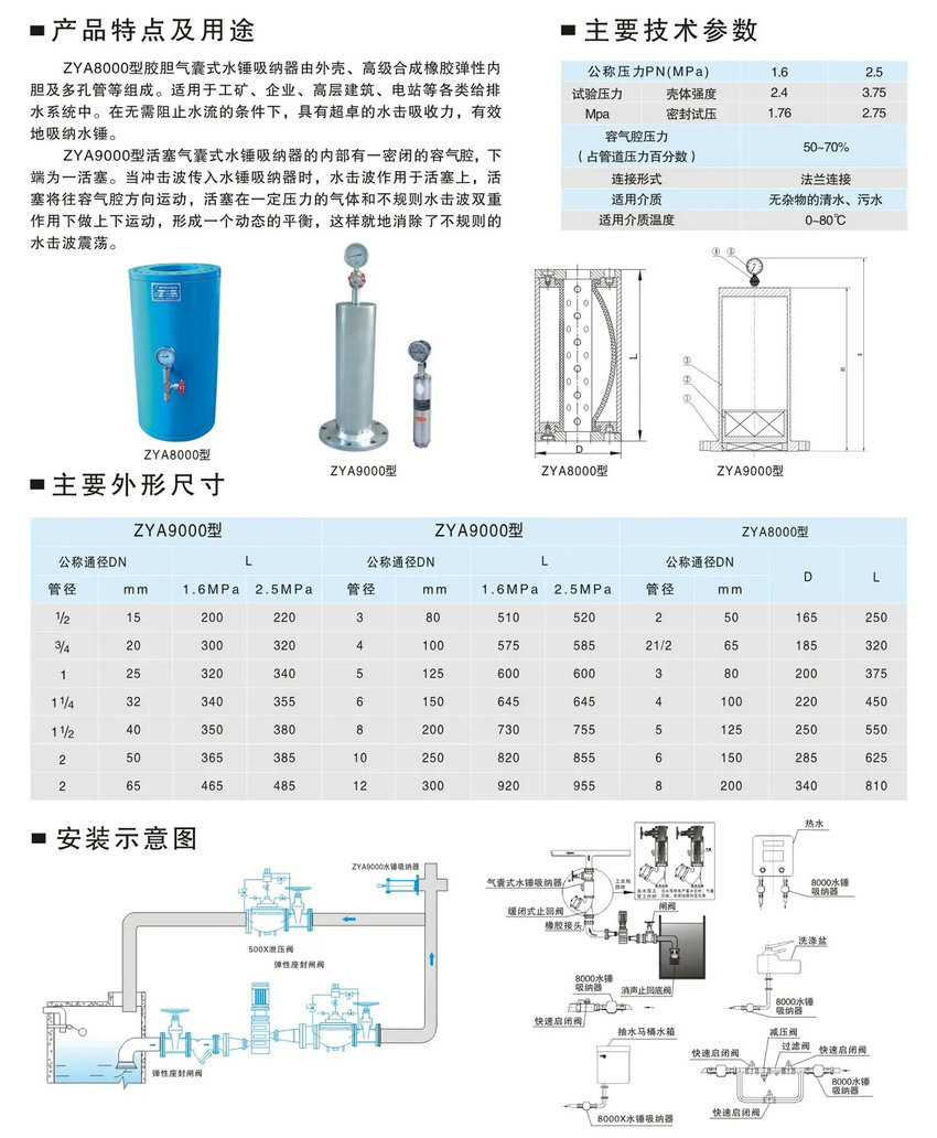 8000X型膽膠式水錘吸納器技術參數尺寸圖 8000X型膽膠式水錘吸納器技術參數尺寸圖